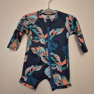 0-3mth - Tropical Leaf Swim long sleeve baby swimsuit with full-length front zip